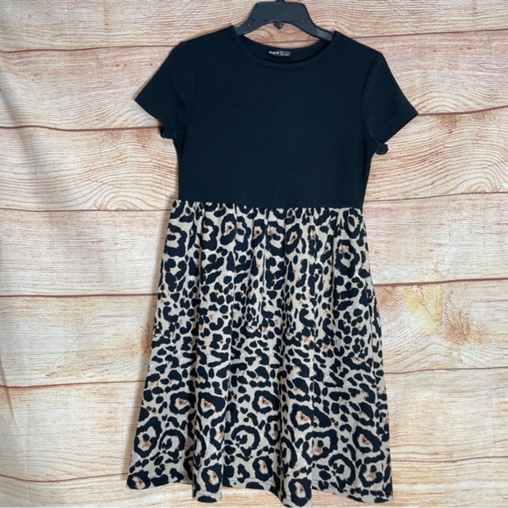 Womens Sz Med Black Brown Animal Print Cheetah Leopard Short Sleeve‎ Dress